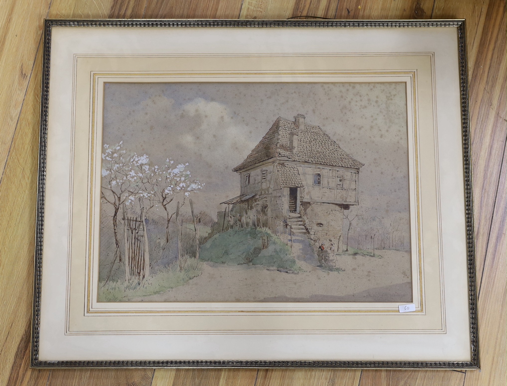 Frank Galsworthy (1863-1959), watercolour, Continental view with figures before a timbered house, signed, inscribed, and dated 1938, 36 x 50cm